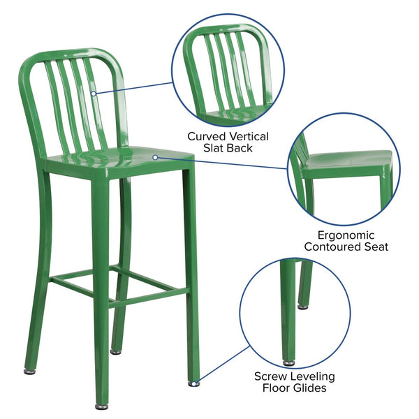 English Elm Gael Commercial Grade 30" High Metal Barstool for Indoor-Outdoor Use with Stylish Vertical Slat Back Green CH-61200-30-GN-GG