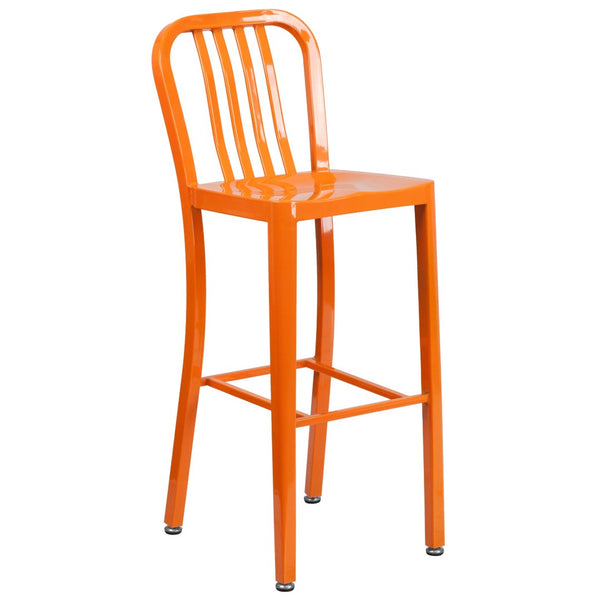 English Elm Gael Commercial Grade 30" High Metal Barstool for Indoor-Outdoor Use with Stylish Vertical Slat Back Orange CH-61200-30-OR-GG