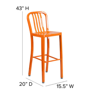 English Elm Gael Commercial Grade 30" High Metal Barstool for Indoor-Outdoor Use with Stylish Vertical Slat Back Orange CH-61200-30-OR-GG