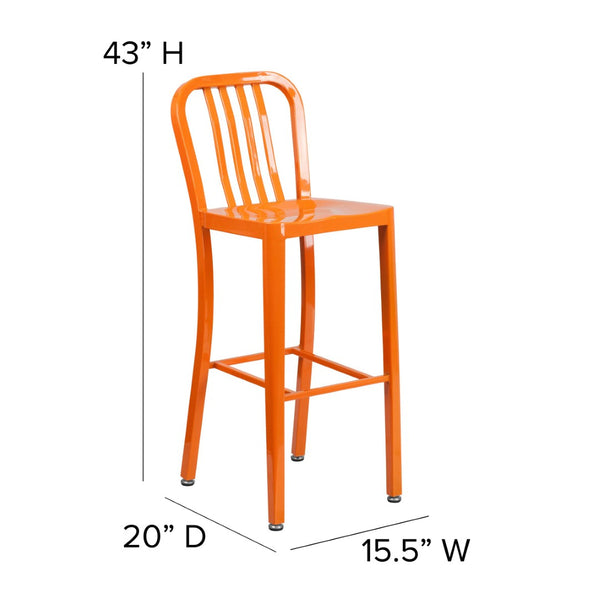 English Elm Gael Commercial Grade 30" High Metal Barstool for Indoor-Outdoor Use with Stylish Vertical Slat Back Orange CH-61200-30-OR-GG