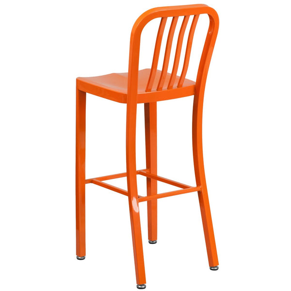 English Elm Gael Commercial Grade 30" High Metal Barstool for Indoor-Outdoor Use with Stylish Vertical Slat Back Orange CH-61200-30-OR-GG