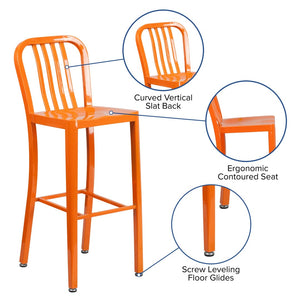 English Elm Gael Commercial Grade 30" High Metal Barstool for Indoor-Outdoor Use with Stylish Vertical Slat Back Orange CH-61200-30-OR-GG