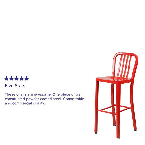 English Elm Gael Commercial Grade 30" High Metal Barstool for Indoor-Outdoor Use with Stylish Vertical Slat Back Red CH-61200-30-RED-GG