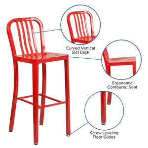 English Elm Gael Commercial Grade 30" High Metal Barstool for Indoor-Outdoor Use with Stylish Vertical Slat Back Red CH-61200-30-RED-GG