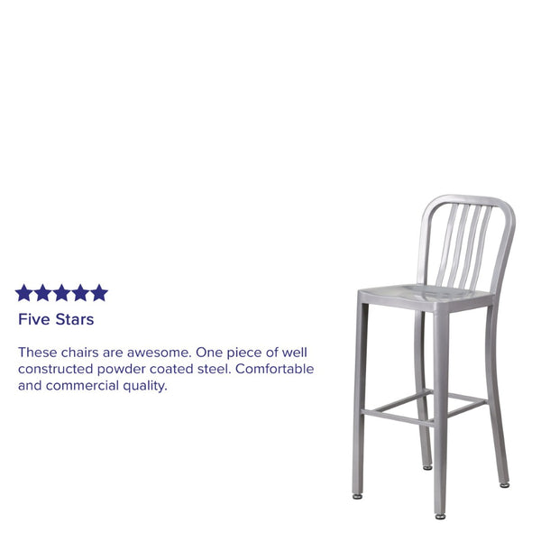 English Elm Gael Commercial Grade 30" High Metal Barstool for Indoor-Outdoor Use with Stylish Vertical Slat Back Silver CH-61200-30-SIL-GG