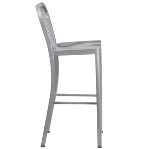English Elm Gael Commercial Grade 30" High Metal Barstool for Indoor-Outdoor Use with Stylish Vertical Slat Back Silver CH-61200-30-SIL-GG