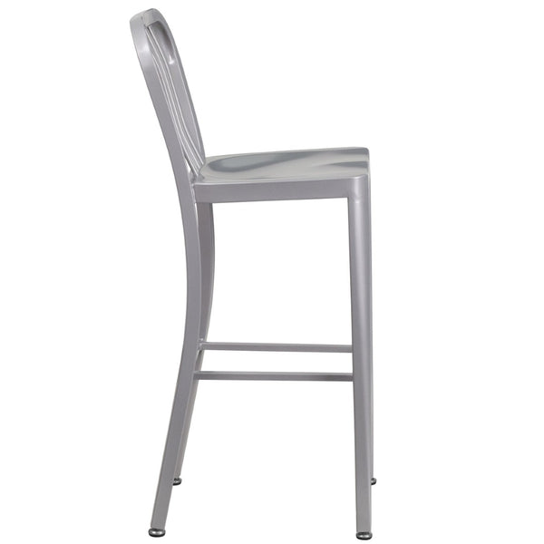 English Elm Gael Commercial Grade 30" High Metal Barstool for Indoor-Outdoor Use with Stylish Vertical Slat Back Silver CH-61200-30-SIL-GG