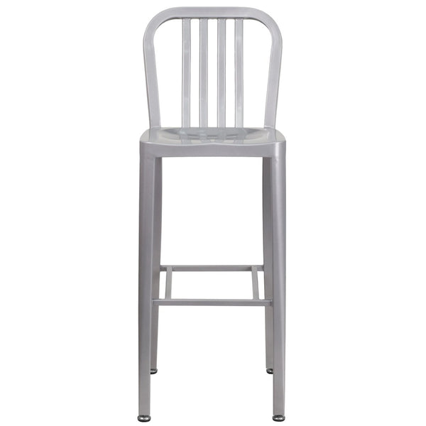 English Elm Gael Commercial Grade 30" High Metal Barstool for Indoor-Outdoor Use with Stylish Vertical Slat Back Silver CH-61200-30-SIL-GG