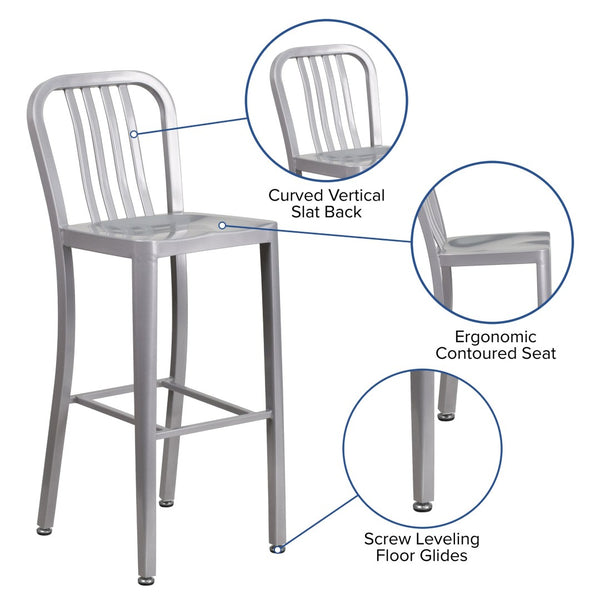 English Elm Gael Commercial Grade 30" High Metal Barstool for Indoor-Outdoor Use with Stylish Vertical Slat Back Silver CH-61200-30-SIL-GG