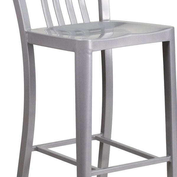 English Elm Gael Commercial Grade 30" High Metal Barstool for Indoor-Outdoor Use with Stylish Vertical Slat Back Silver CH-61200-30-SIL-GG