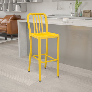 English Elm Gael Commercial Grade 30" High Metal Barstool for Indoor-Outdoor Use with Stylish Vertical Slat Back Yellow CH-61200-30-YL-GG