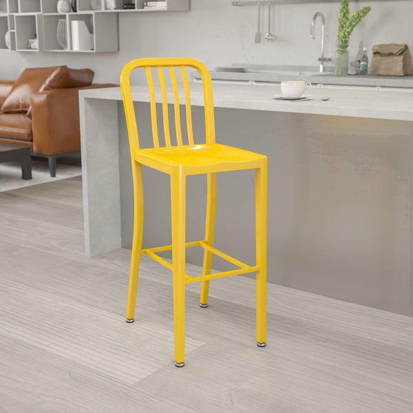 English Elm Gael Commercial Grade 30" High Metal Barstool for Indoor-Outdoor Use with Stylish Vertical Slat Back Yellow CH-61200-30-YL-GG