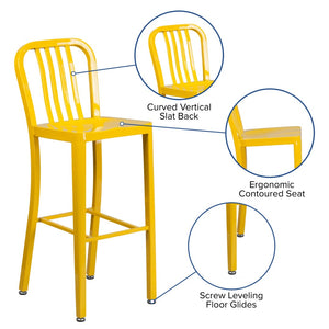 English Elm Gael Commercial Grade 30" High Metal Barstool for Indoor-Outdoor Use with Stylish Vertical Slat Back Yellow CH-61200-30-YL-GG
