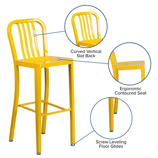 English Elm Gael Commercial Grade 30" High Metal Barstool for Indoor-Outdoor Use with Stylish Vertical Slat Back Yellow CH-61200-30-YL-GG