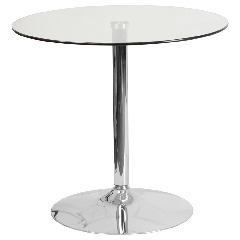 English Elm Hills 31.5'' Round Glass Table with Chrome Base - Sleek, Durable Design for Events & Home Use CH-7-GG