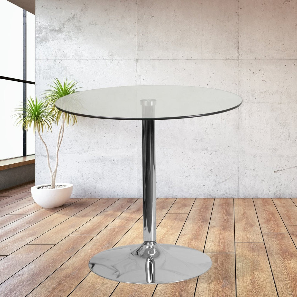 English Elm Hills 31.5'' Round Glass Table with Chrome Base - Sleek, Durable Design for Events & Home Use CH-7-GG