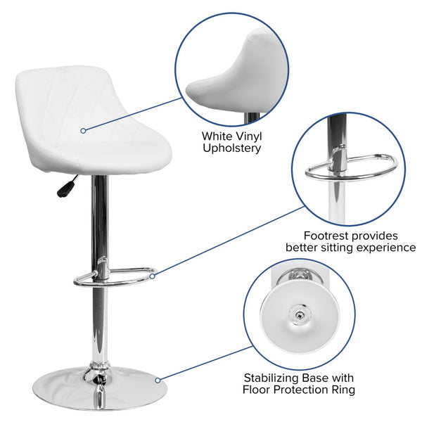 English Elm Dale Contemporary Vinyl Bucket Seat Barstool with Diamond Back and Chrome Base for Modern Spaces White CH-82028A-WH-GG