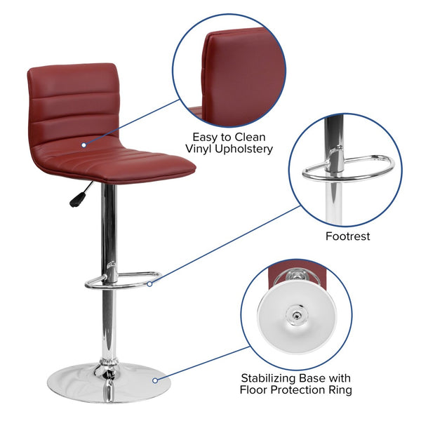 English Elm Vincent Modern Adjustable Bar Stool with Mid-Back Support, 360° Swivel Seat and Stylish Footrest Burgundy Vinyl/Chrome Frame CH-92023-1-BURG-GG