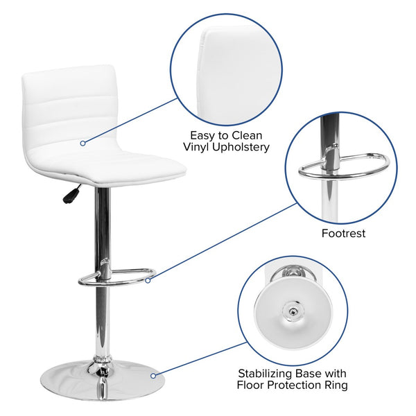 English Elm Vincent Modern Adjustable Bar Stool with Mid-Back Support, 360° Swivel Seat and Stylish Footrest White Vinyl/Chrome Frame CH-92023-1-WH-GG