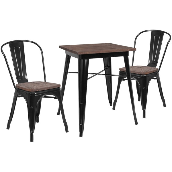 English Elm Bailey 23.5" Square Metal Table Set with Rustic Wood Top & 2 Stackable Bistro Chairs for Dining CH-WD-TBCH-15-GG