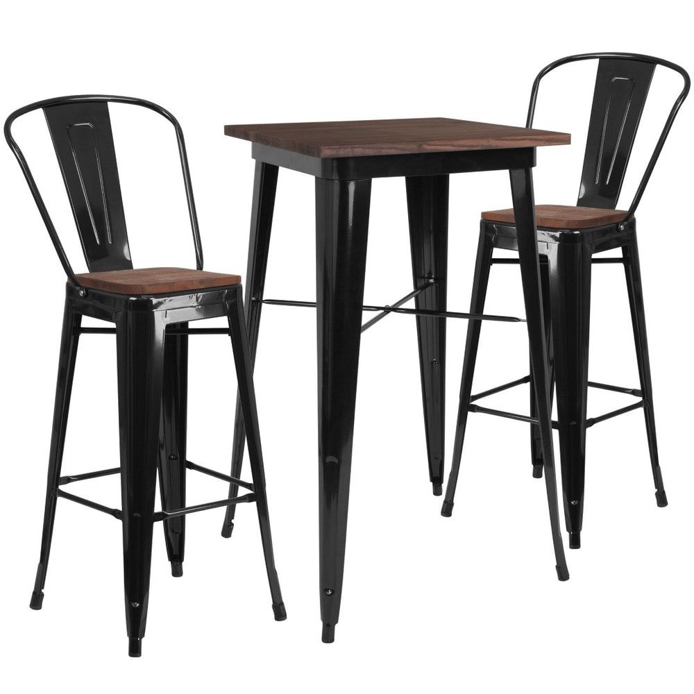 English Elm Bailey 23.5" Square Black Metal Bar Table Set with Rustic Wood Top and 2 Comfortable Stools CH-WD-TBCH-16-GG