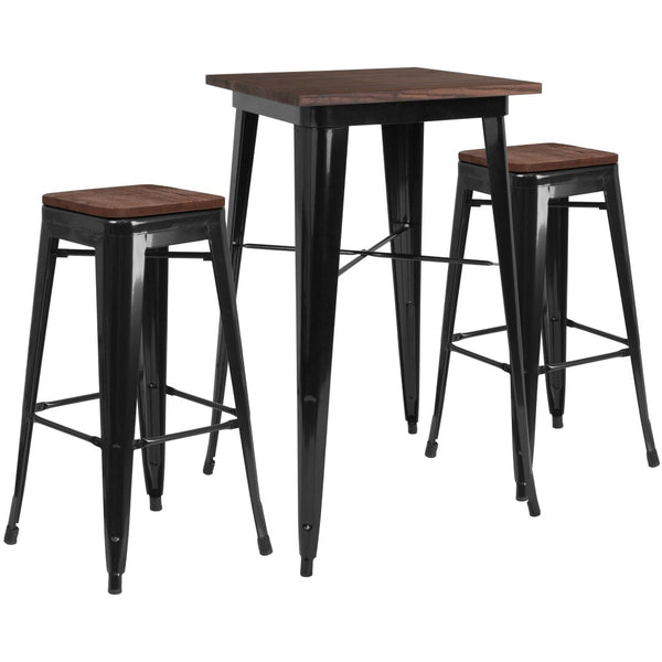 English Elm Bailey 23.5" Square Black Metal Bar Table Set with Rustic Wood Top & Stackable Stools for Dining CH-WD-TBCH-17-GG