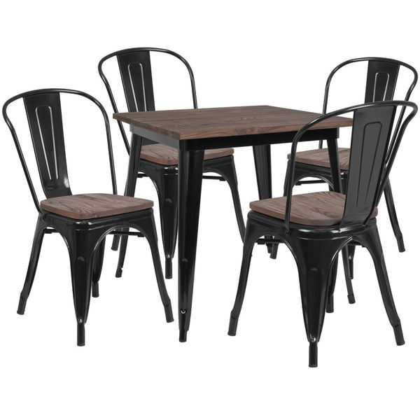 English Elm Bailey 31.5" Square Black Metal Bistro Table Set with Walnut Top & 4 Stackable Dining Chairs CH-WD-TBCH-18-GG