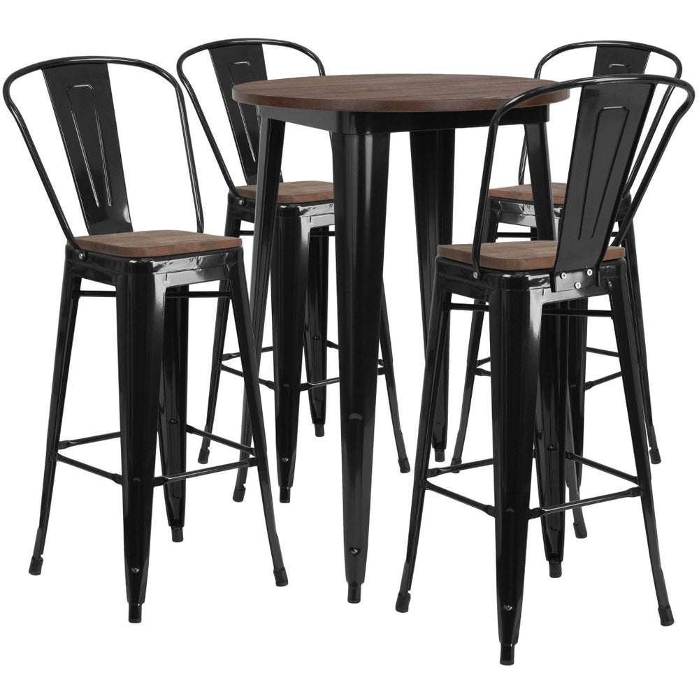 English Elm Bailey 30" Round Black Metal Bar Table Set with Rustic Wood Top & 4 Stools for Home & Bistro Use CH-WD-TBCH-25-GG
