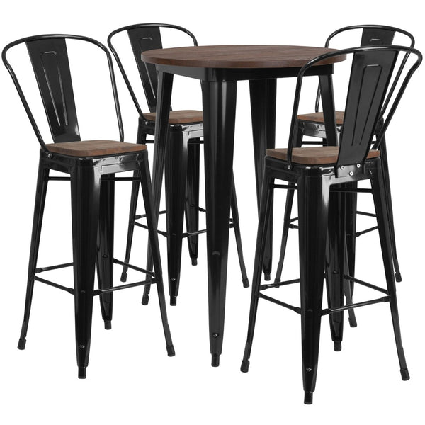 English Elm Bailey 30" Round Black Metal Bar Table Set with Rustic Wood Top & 4 Stools for Home & Bistro Use CH-WD-TBCH-25-GG