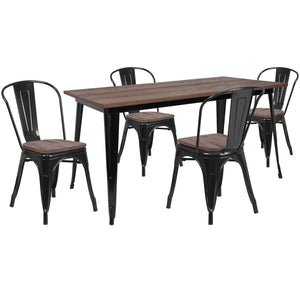 English Elm Bailey Industrial Metal Table Set with Rustic Wood Top & 4 Stackable Bistro Chairs for Dining CH-WD-TBCH-27-GG