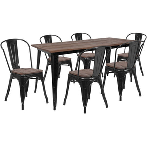 English Elm Bailey 7-Piece Rustic-Industrial Dining Set with Stackable Chairs for Home & Commercial Use CH-WD-TBCH-28-GG