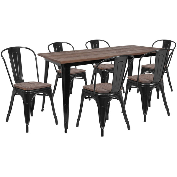 English Elm Bailey 7-Piece Rustic-Industrial Dining Set with Stackable Chairs for Home & Commercial Use CH-WD-TBCH-28-GG