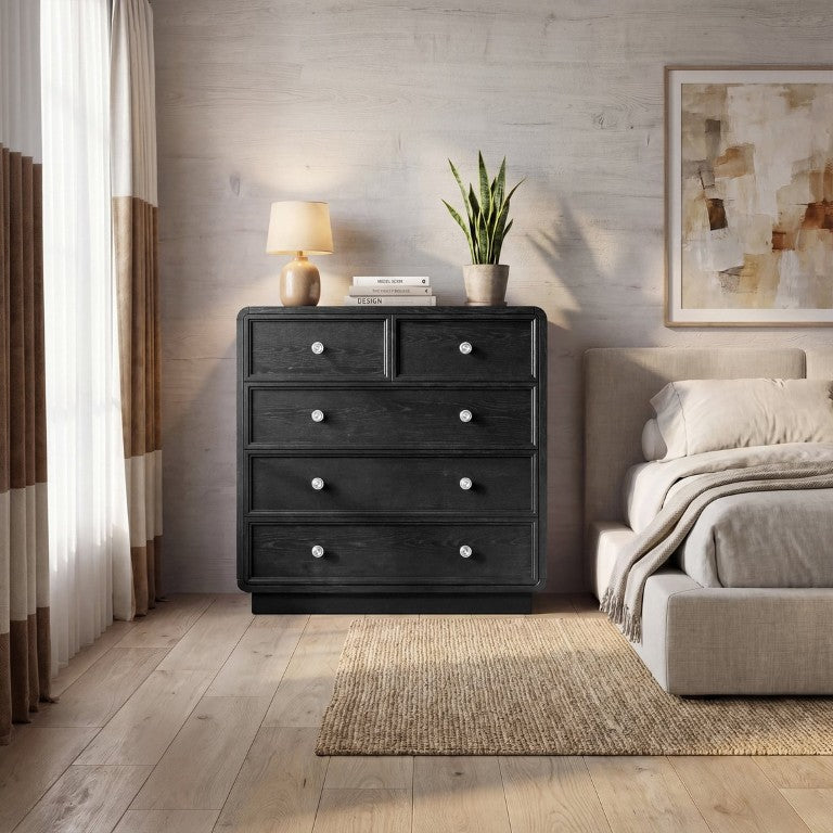JLA Home Deco Five Drawer Dresser Art Black Satin Finish Antiqued Brass Bedroom Storage CH137-0079