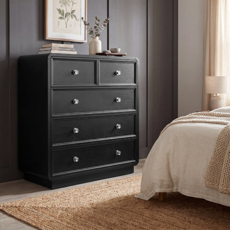 JLA Home Deco Five Drawer Dresser Art Black Satin Finish Antiqued Brass Bedroom Storage CH137-0079