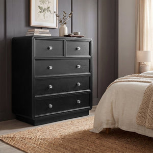 JLA Home Deco Five Drawer Dresser Art Black Satin Finish Antiqued Brass Bedroom Storage CH137-0079