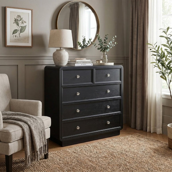 JLA Home Deco Five Drawer Dresser Art Black Satin Finish Antiqued Brass Bedroom Storage CH137-0079