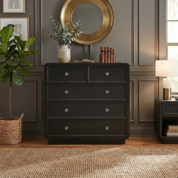 JLA Home Deco Five Drawer Dresser Art Black Satin Finish Antiqued Brass Bedroom Storage CH137-0079