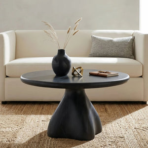 English Elm Round Faux Travertine Coffee Table Sculptural Pedestal Base Wabi Sabi Living Room Accent Black CH494238AAB