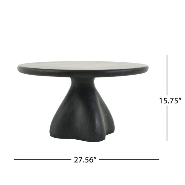 English Elm Round Faux Travertine Coffee Table Sculptural Pedestal Base Wabi Sabi Living Room Accent Black CH494238AAB