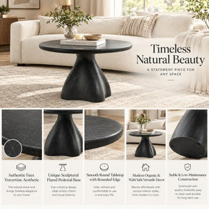 English Elm Round Faux Travertine Coffee Table Sculptural Pedestal Base Wabi Sabi Living Room Accent Black CH494238AAB