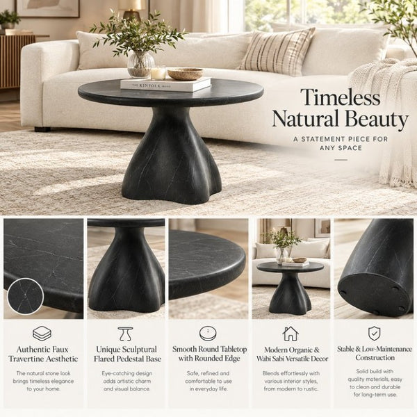English Elm Round Faux Travertine Coffee Table Sculptural Pedestal Base Wabi Sabi Living Room Accent Black CH494238AAB