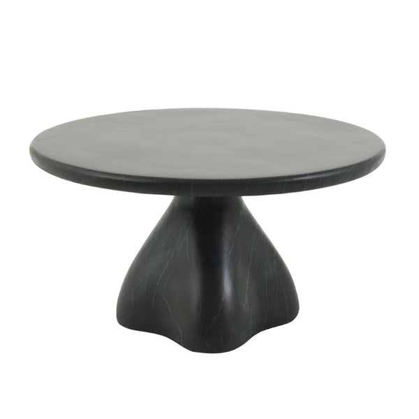 English Elm Round Faux Travertine Coffee Table Sculptural Pedestal Base Wabi Sabi Living Room Accent Black CH494238AAB