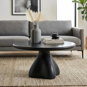 English Elm Round Faux Travertine Coffee Table Sculptural Pedestal Base Wabi Sabi Living Room Accent Black CH494238AAB