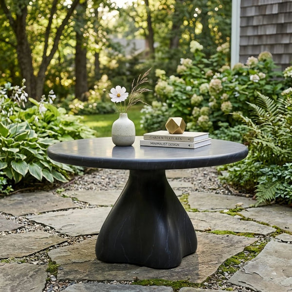 English Elm Round Faux Travertine Coffee Table Sculptural Pedestal Base Wabi Sabi Living Room Accent Black CH494238AAB