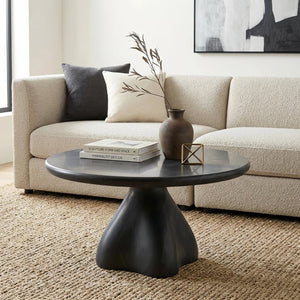 English Elm Round Faux Travertine Coffee Table Sculptural Pedestal Base Wabi Sabi Living Room Accent Black CH494238AAB