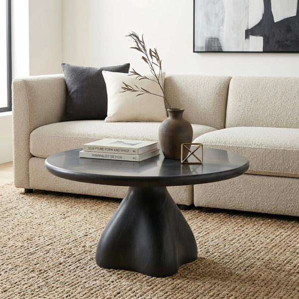 English Elm Round Faux Travertine Coffee Table Sculptural Pedestal Base Wabi Sabi Living Room Accent Black CH494238AAB