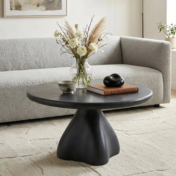 English Elm Round Faux Travertine Coffee Table Sculptural Pedestal Base Wabi Sabi Living Room Accent Black CH494238AAB