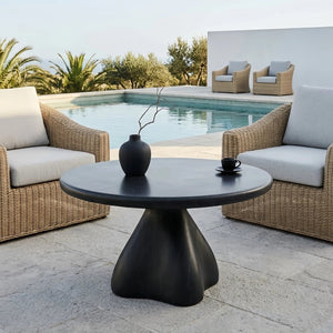 English Elm Round Faux Travertine Coffee Table Sculptural Pedestal Base Wabi Sabi Living Room Accent Black CH494238AAB