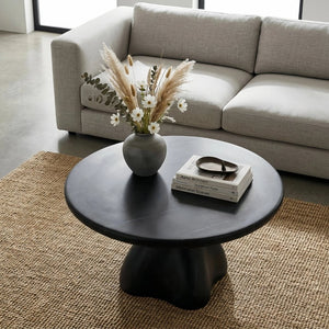 English Elm Round Faux Travertine Coffee Table Sculptural Pedestal Base Wabi Sabi Living Room Accent Black CH494238AAB