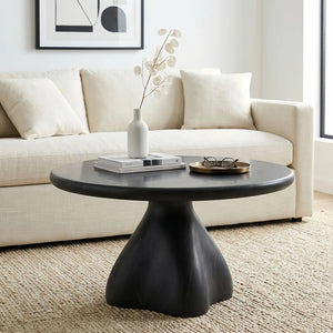 English Elm Round Faux Travertine Coffee Table Sculptural Pedestal Base Wabi Sabi Living Room Accent Black CH494238AAB